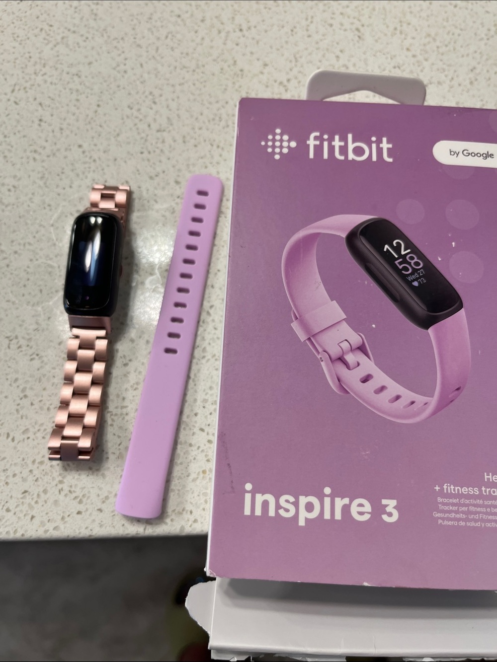 fitbit Inspire 3 Lavender Tracker with Rose Gold Metal Band
